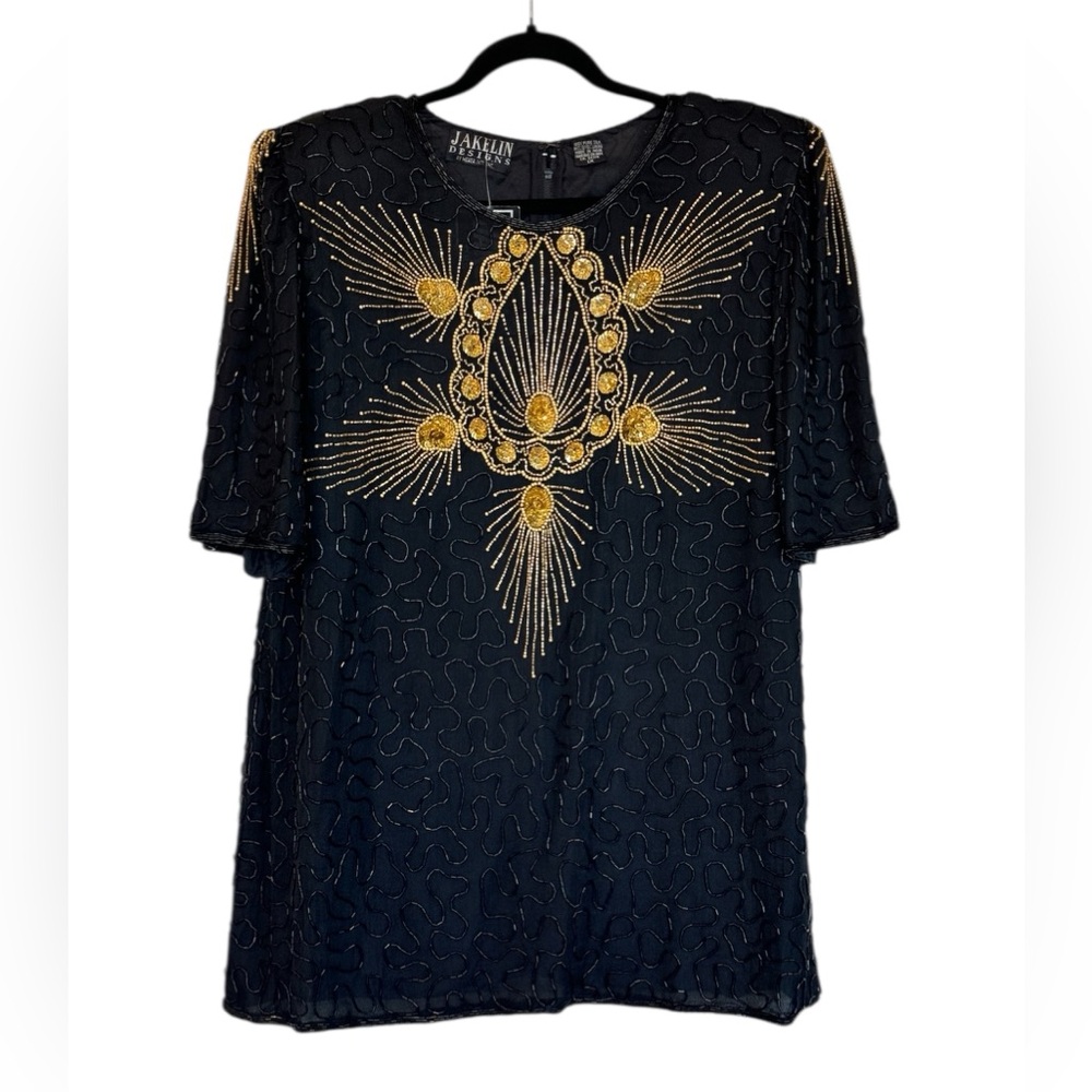 Vintage Jakelin Designs Beaded Sequin Silk Tunic Blouse Top Size 1X